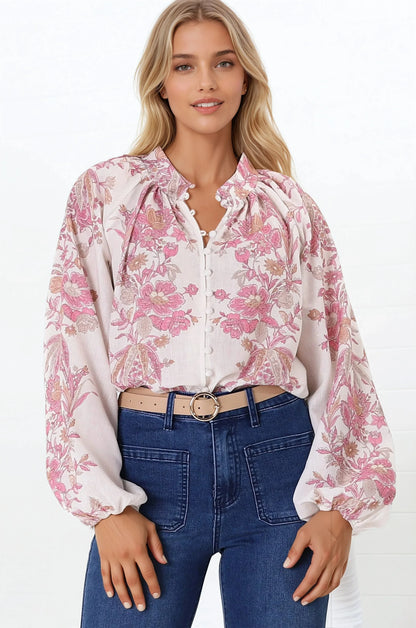 Nicola Blouse - Mandarin Collar Button Down Linen Blouse in Sorrel Print