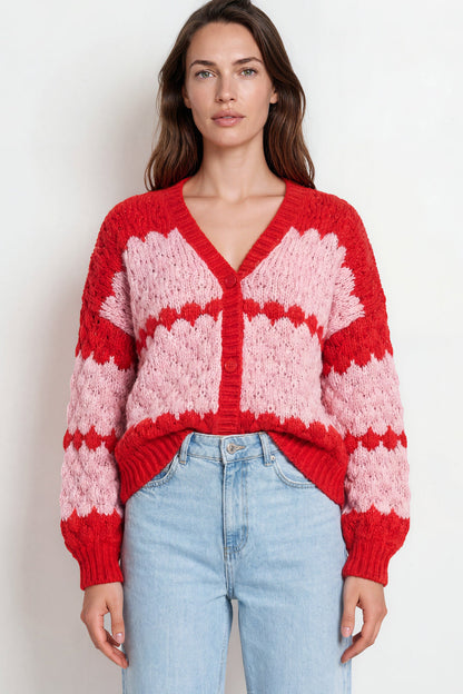 Nolar Cardigan - V Neck Button Front Contrast Trim Bubble Knit in Pink/Red