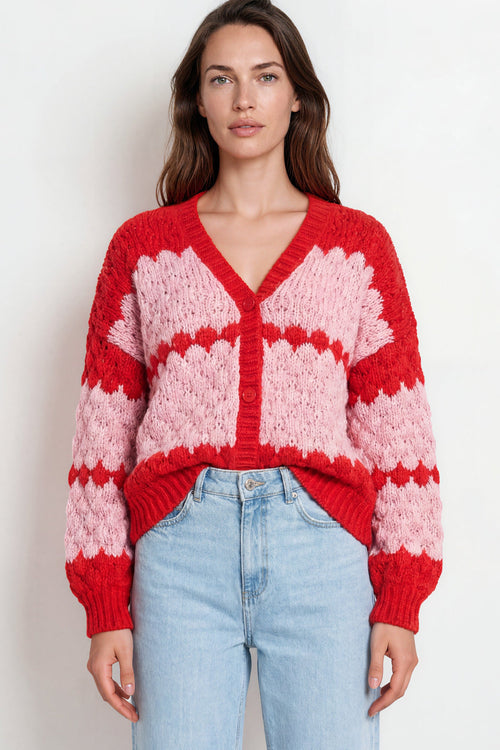 Nolar Cardigan - V Neck Button Front Contrast Trim Bubble Knit in Pink/Red