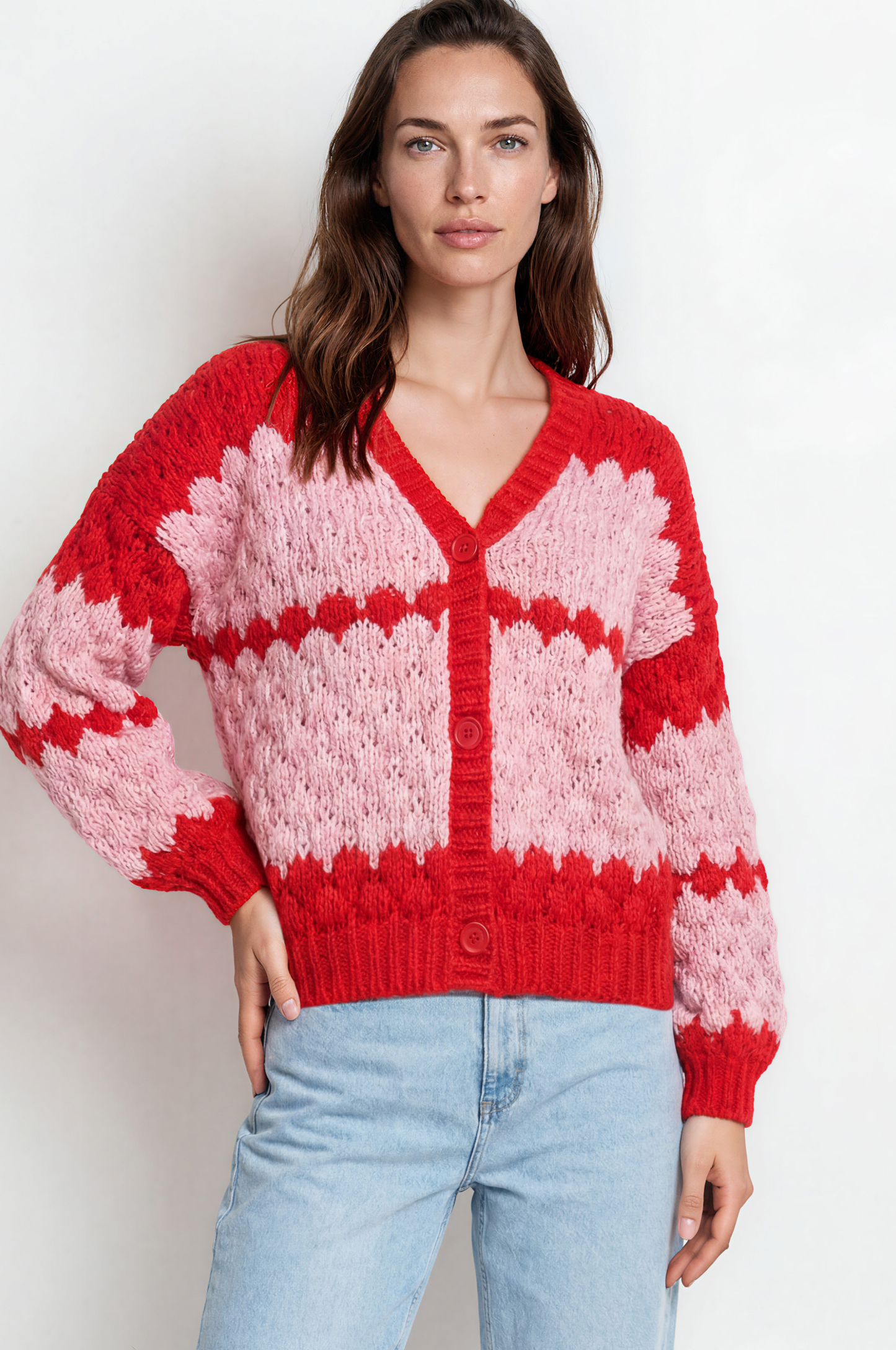 Nolar Cardigan - V Neck Button Front Contrast Trim Bubble Knit in Pink/Red