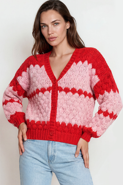 Nolar Cardigan - V Neck Button Front Contrast Trim Bubble Knit in Pink/Red