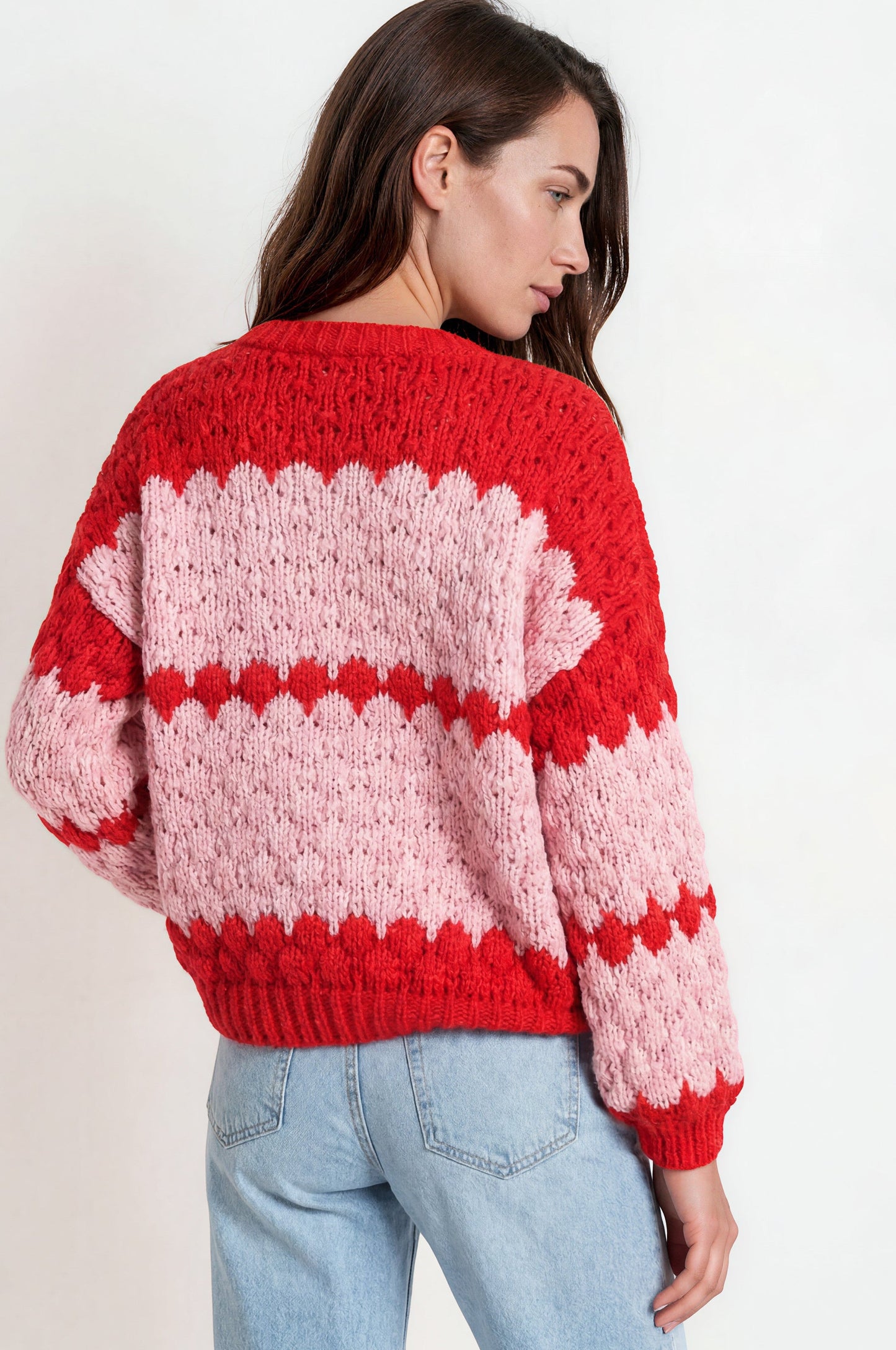 Nolar Cardigan - V Neck Button Front Contrast Trim Bubble Knit in Pink/Red