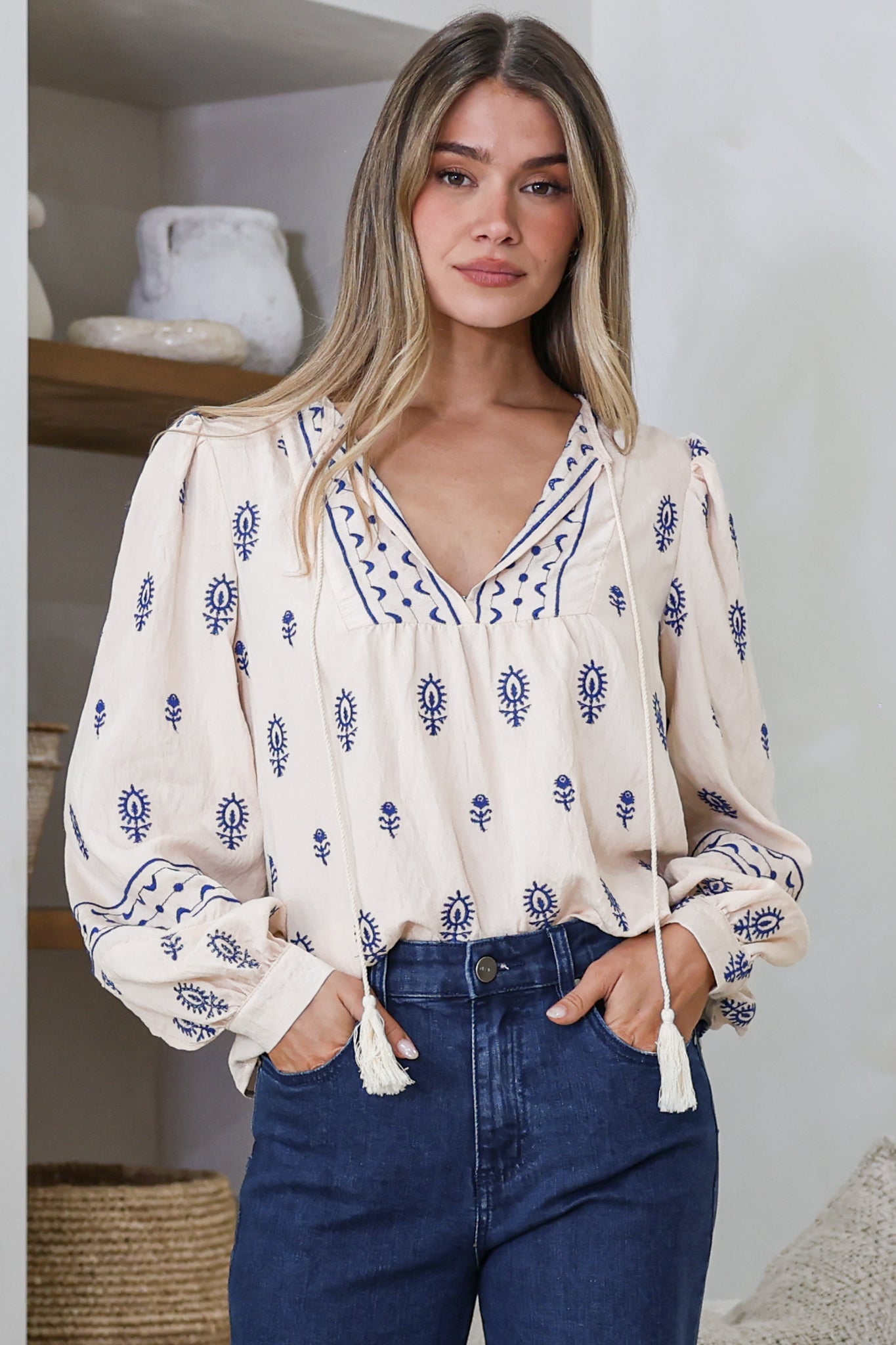 Nouveau Top - V Neck Embroidered Pullover with Long Cuffed Sleeves in Cream