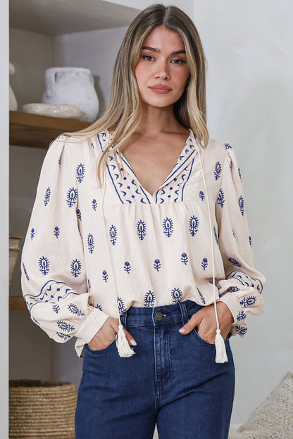 Nouveau Top - V Neck Embroidered Pullover with Long Cuffed Sleeves in Cream