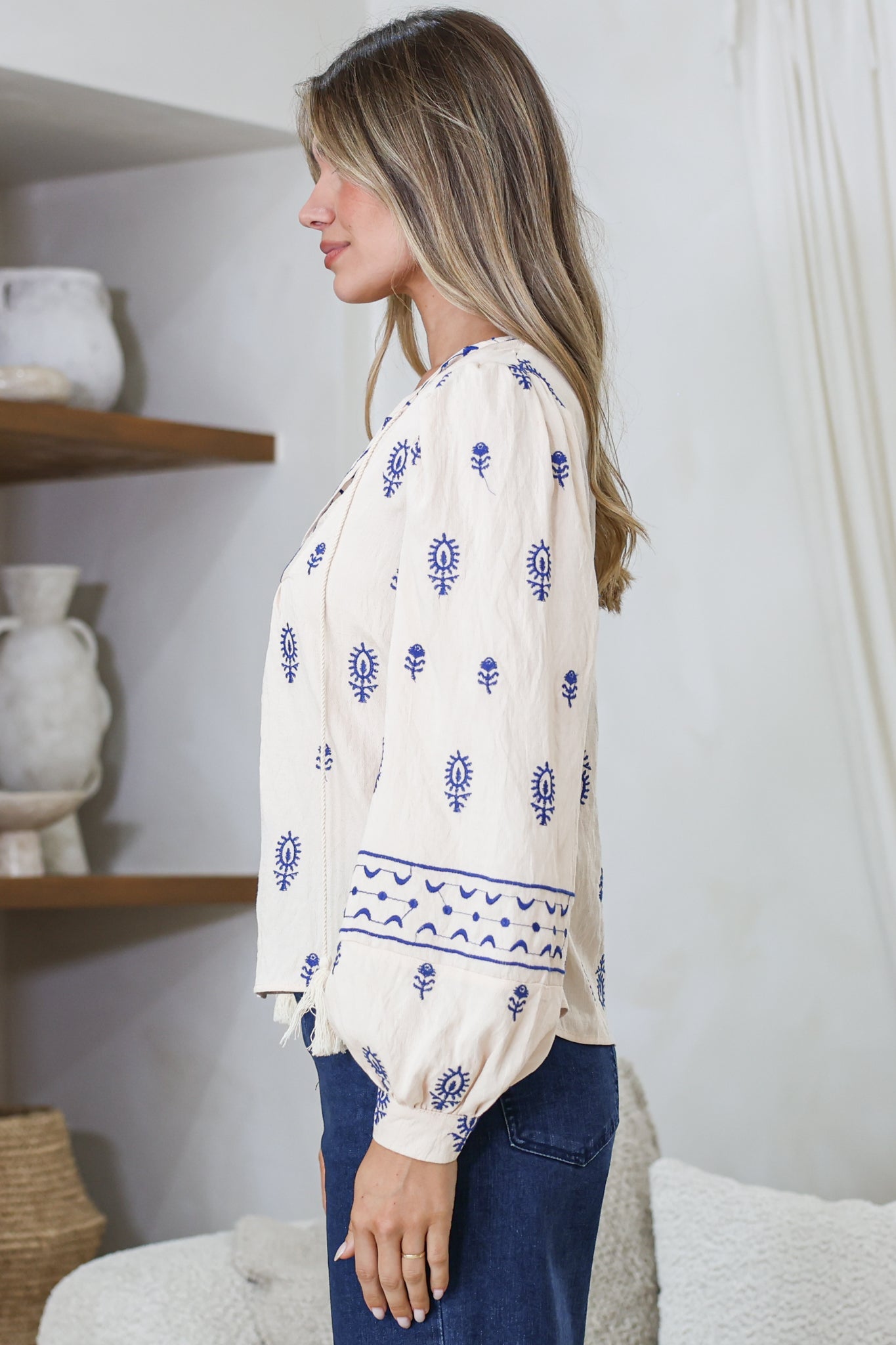 Nouveau Top - V Neck Embroidered Pullover with Long Cuffed Sleeves in Cream