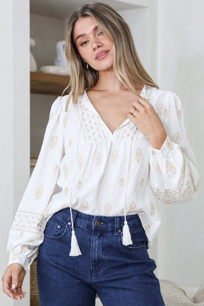 Nouveau Top - V Neck Embroidered Pullover with Long Cuffed Sleeves in White