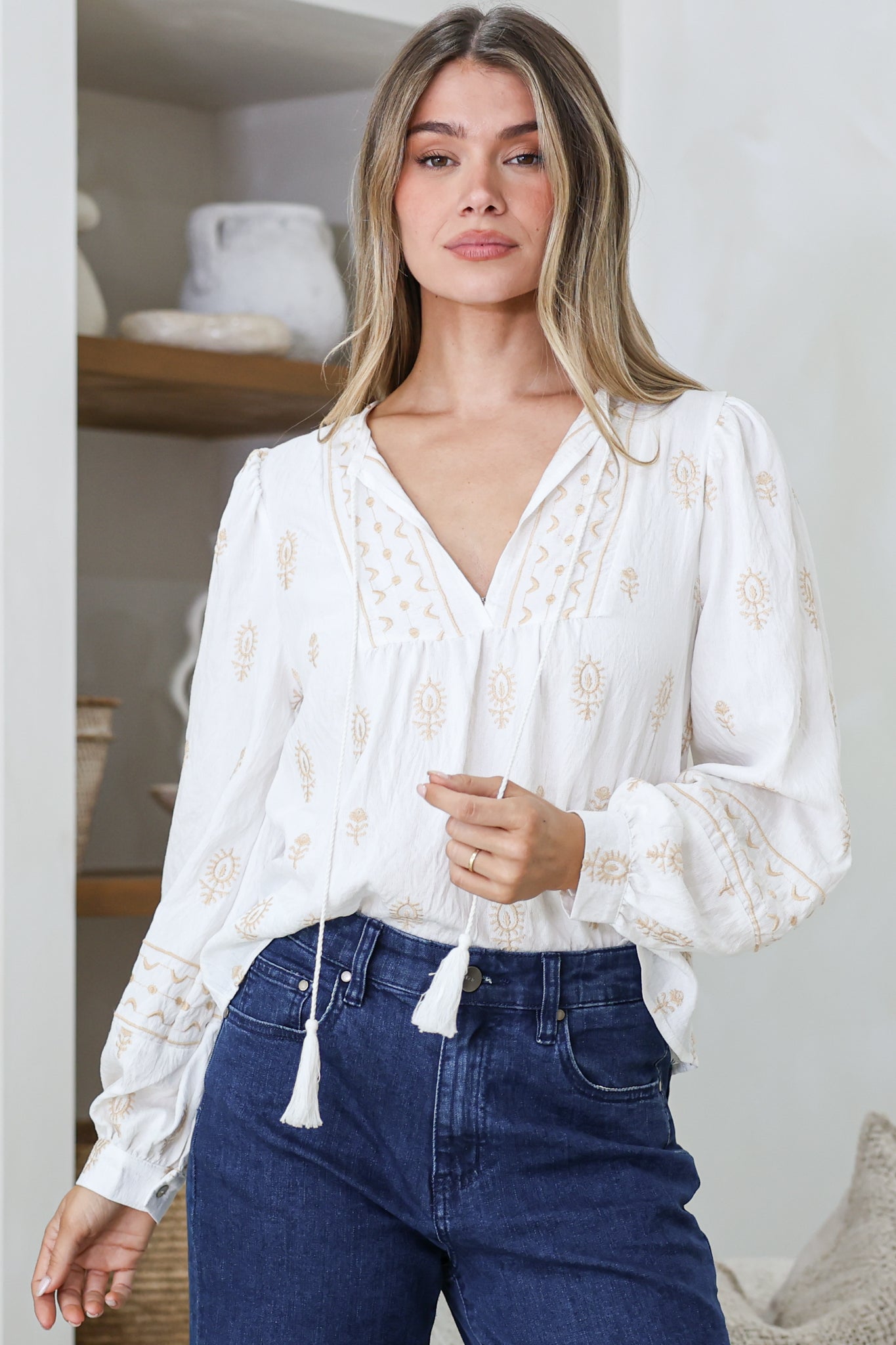 Nouveau Top - V Neck Embroidered Pullover with Long Cuffed Sleeves in White