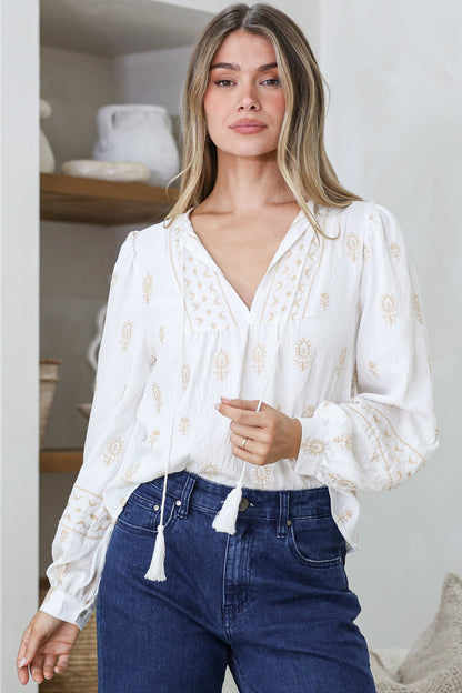 Nouveau Top - V Neck Embroidered Pullover with Long Cuffed Sleeves in White