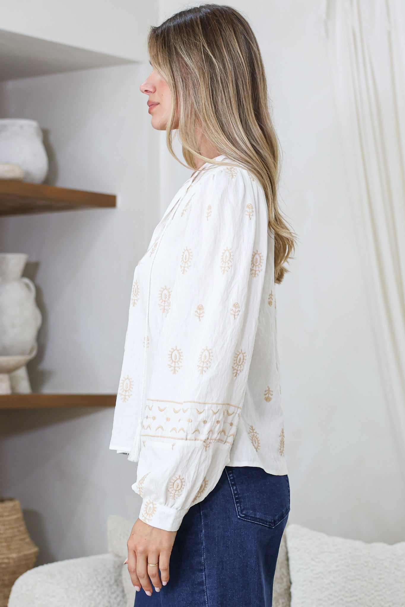 Nouveau Top - V Neck Embroidered Pullover with Long Cuffed Sleeves in White