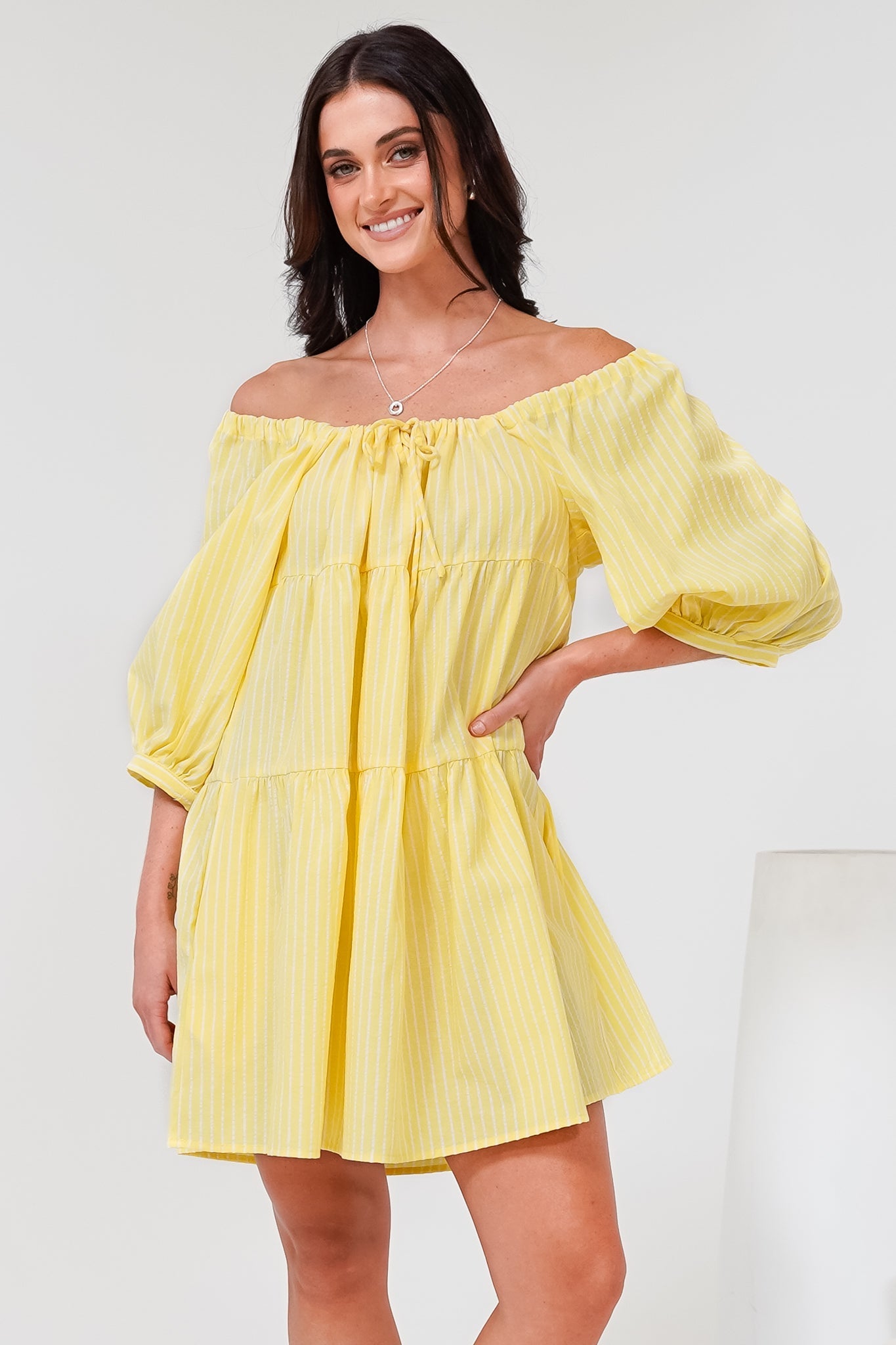 Oliander Mini Dress - On or Off Shoulder Tiered Dress with Pockets in Figaro Stripe Lemon