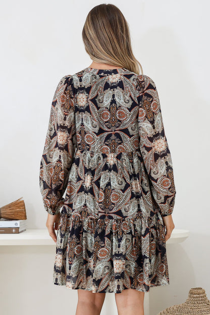 Olivia Mini Dress - Mandarin Collar Tiered Smock Dress with Long Sleeves in Blaise Print Black