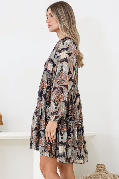 Olivia Mini Dress - Mandarin Collar Tiered Smock Dress with Long Sleeves in Blaise Print Black