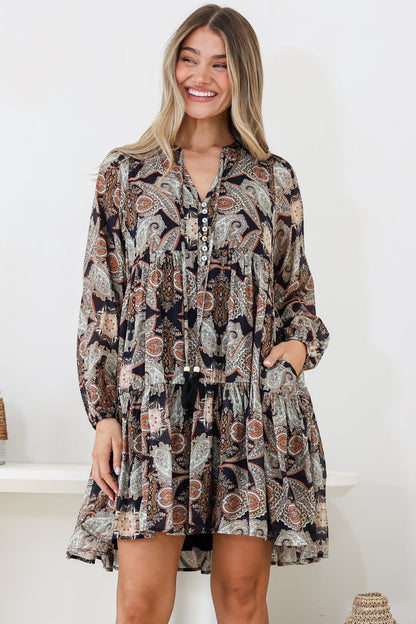 Olivia Mini Dress - Mandarin Collar Tiered Smock Dress with Long Sleeves in Blaise Print Black