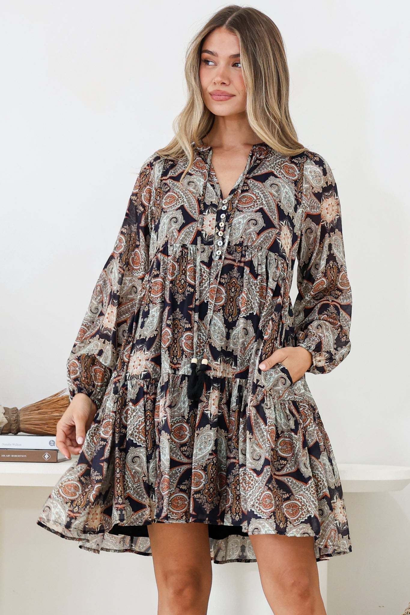 Olivia Mini Dress - Mandarin Collar Tiered Smock Dress with Long Sleeves in Blaise Print Black