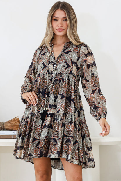 Olivia Mini Dress - Mandarin Collar Tiered Smock Dress with Long Sleeves in Blaise Print Black