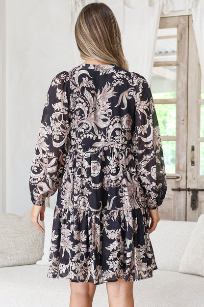 Olivia Mini Dress - Mandarin Collar Tiered Smock Dress with Long Sleeves in Pim Print Black