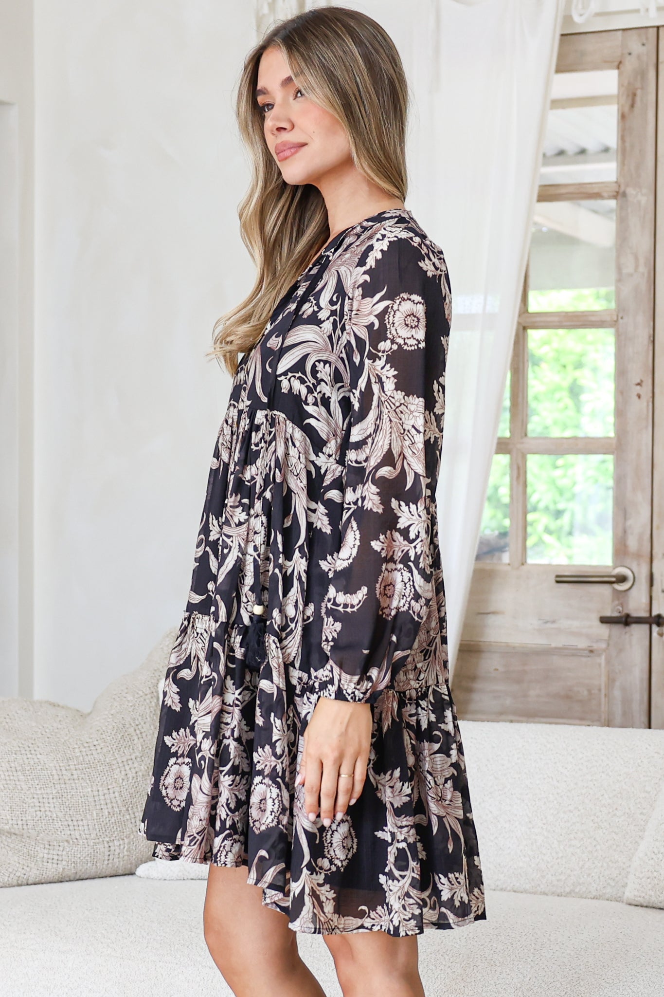 Olivia Mini Dress - Mandarin Collar Tiered Smock Dress with Long Sleeves in Pim Print Black