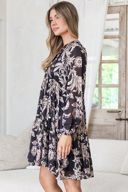 Olivia Mini Dress - Mandarin Collar Tiered Smock Dress with Long Sleeves in Pim Print Black