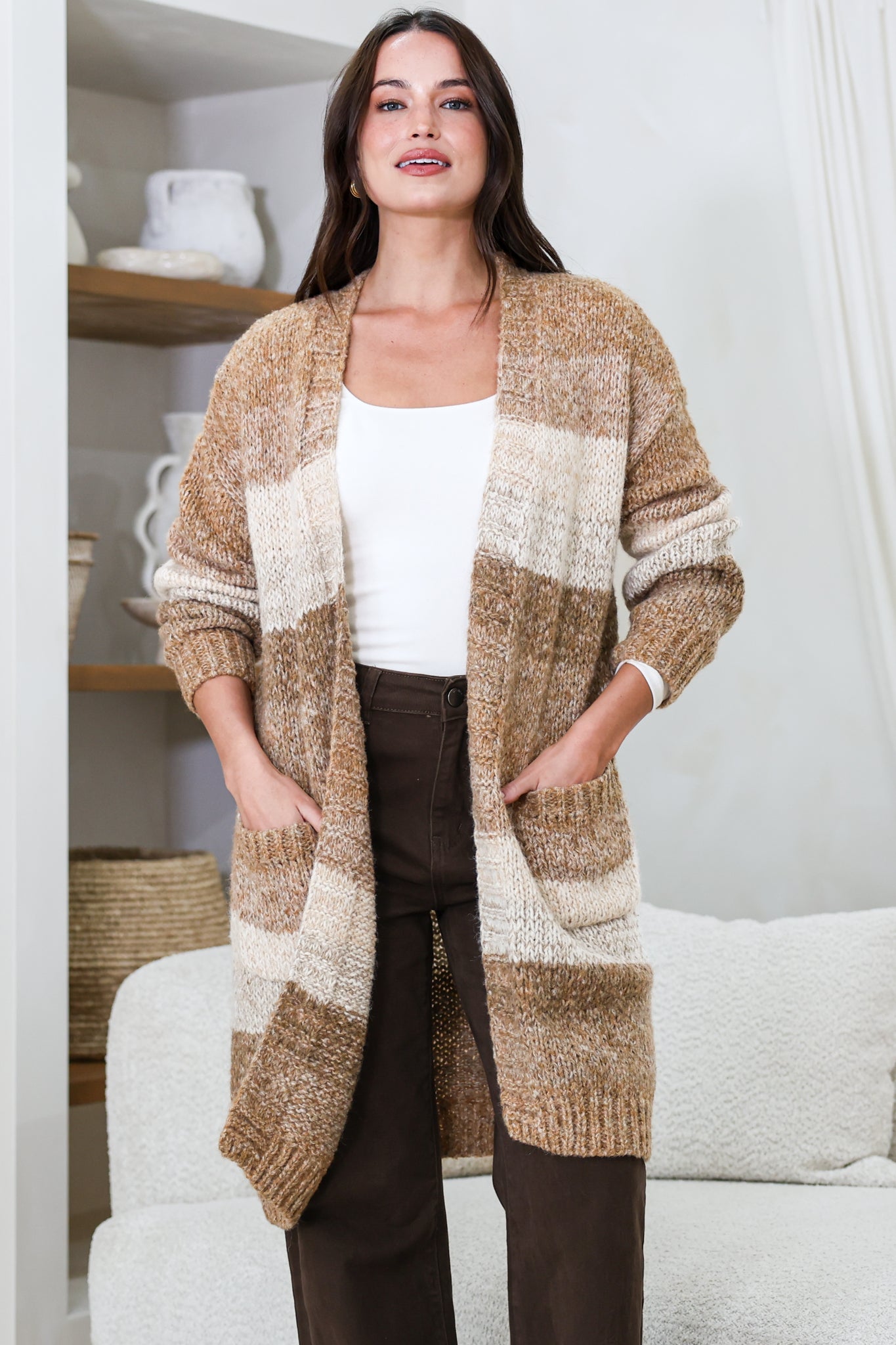Ollie Cardigan - Open Front Stripe Knit with Pockets in Camel