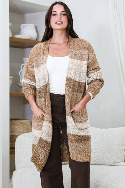 Ollie Cardigan - Open Front Stripe Knit with Pockets in Camel