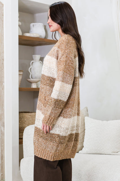 Ollie Cardigan - Open Front Stripe Knit with Pockets in Camel