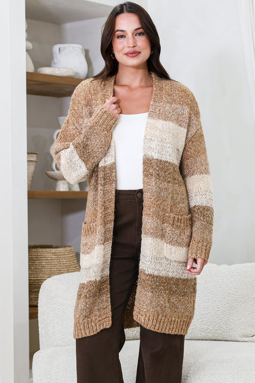 Ollie Cardigan - Open Front Stripe Knit with Pockets in Camel