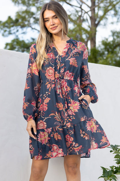 Ollie Mini Dress - Mandarin Collar Pull Tie Waist Dress with Balloon Sleeves and Pockets in Skye Print Navy