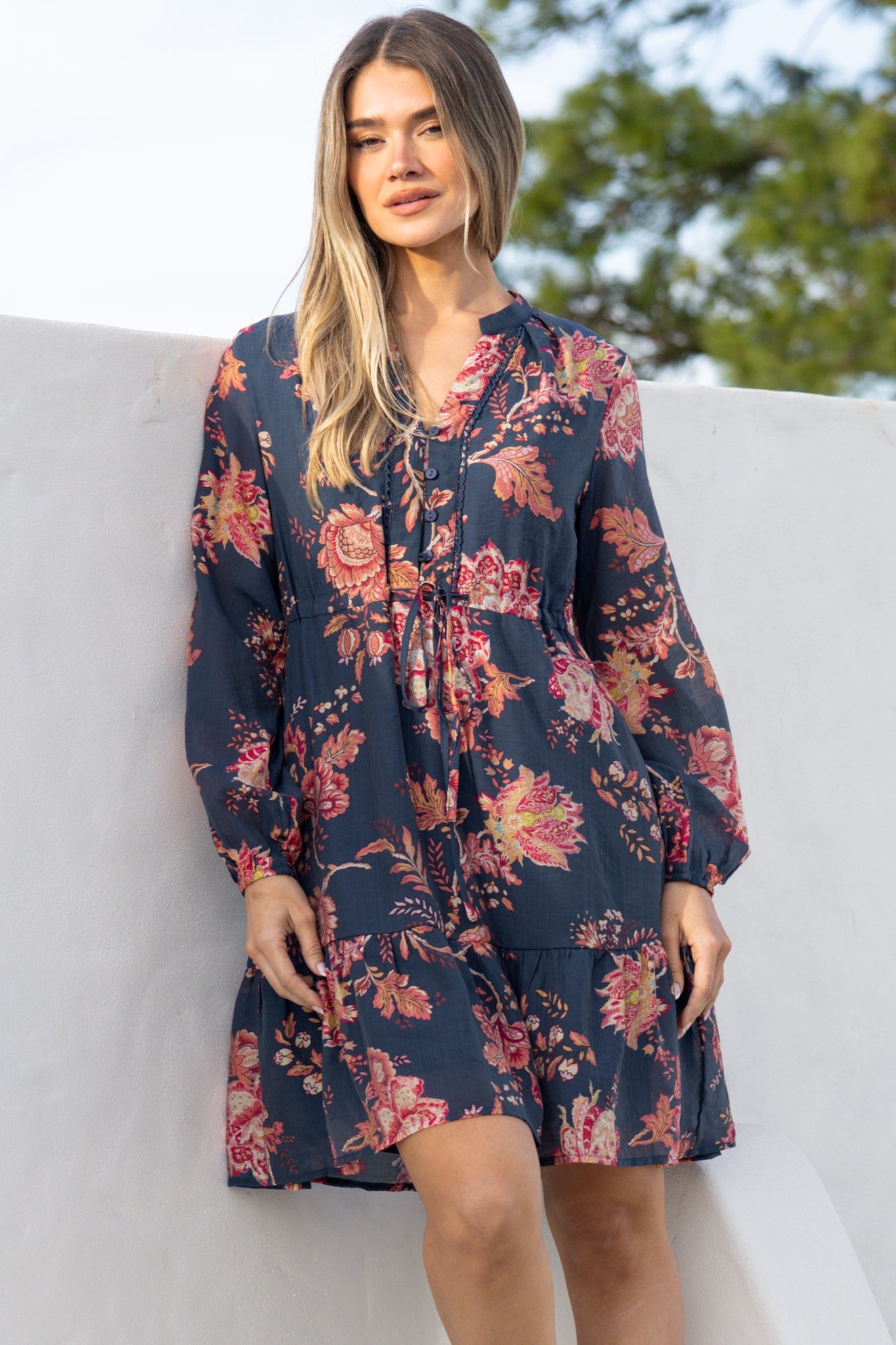 Ollie Mini Dress - Mandarin Collar Pull Tie Waist Dress with Balloon Sleeves and Pockets in Skye Print Navy