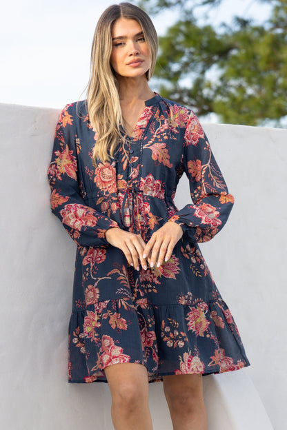 Ollie Mini Dress - Mandarin Collar Pull Tie Waist Dress with Balloon Sleeves and Pockets in Skye Print Navy