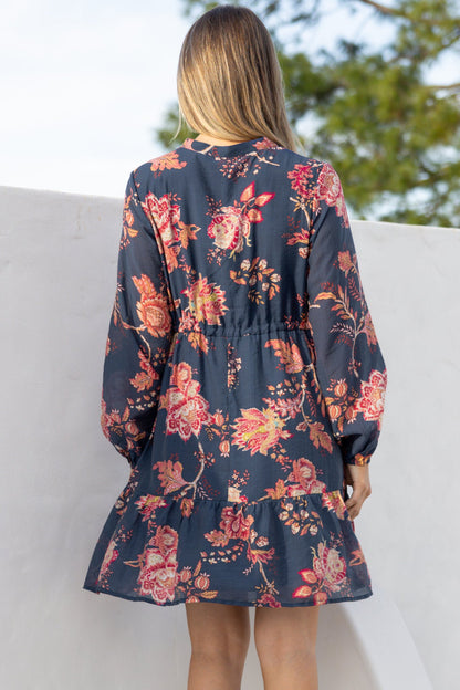 Ollie Mini Dress - Mandarin Collar Pull Tie Waist Dress with Balloon Sleeves and Pockets in Skye Print Navy