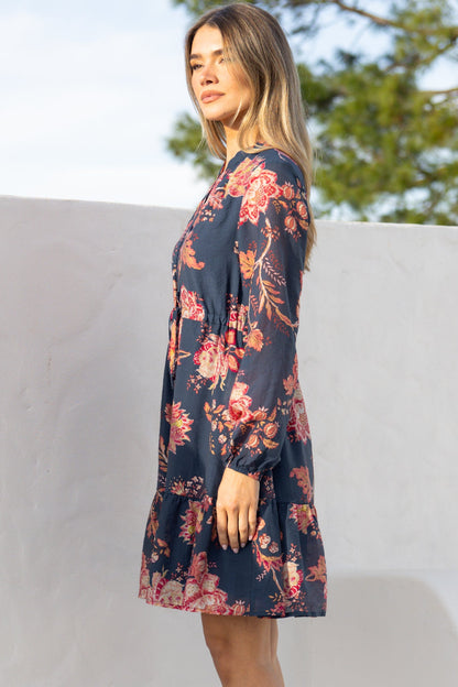 Ollie Mini Dress - Mandarin Collar Pull Tie Waist Dress with Balloon Sleeves and Pockets in Skye Print Navy