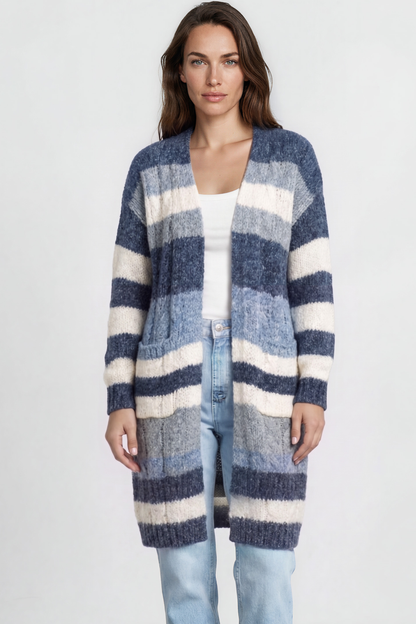 Ollie Cardigan - Open Front Stripe Knit with Pockets in Blue