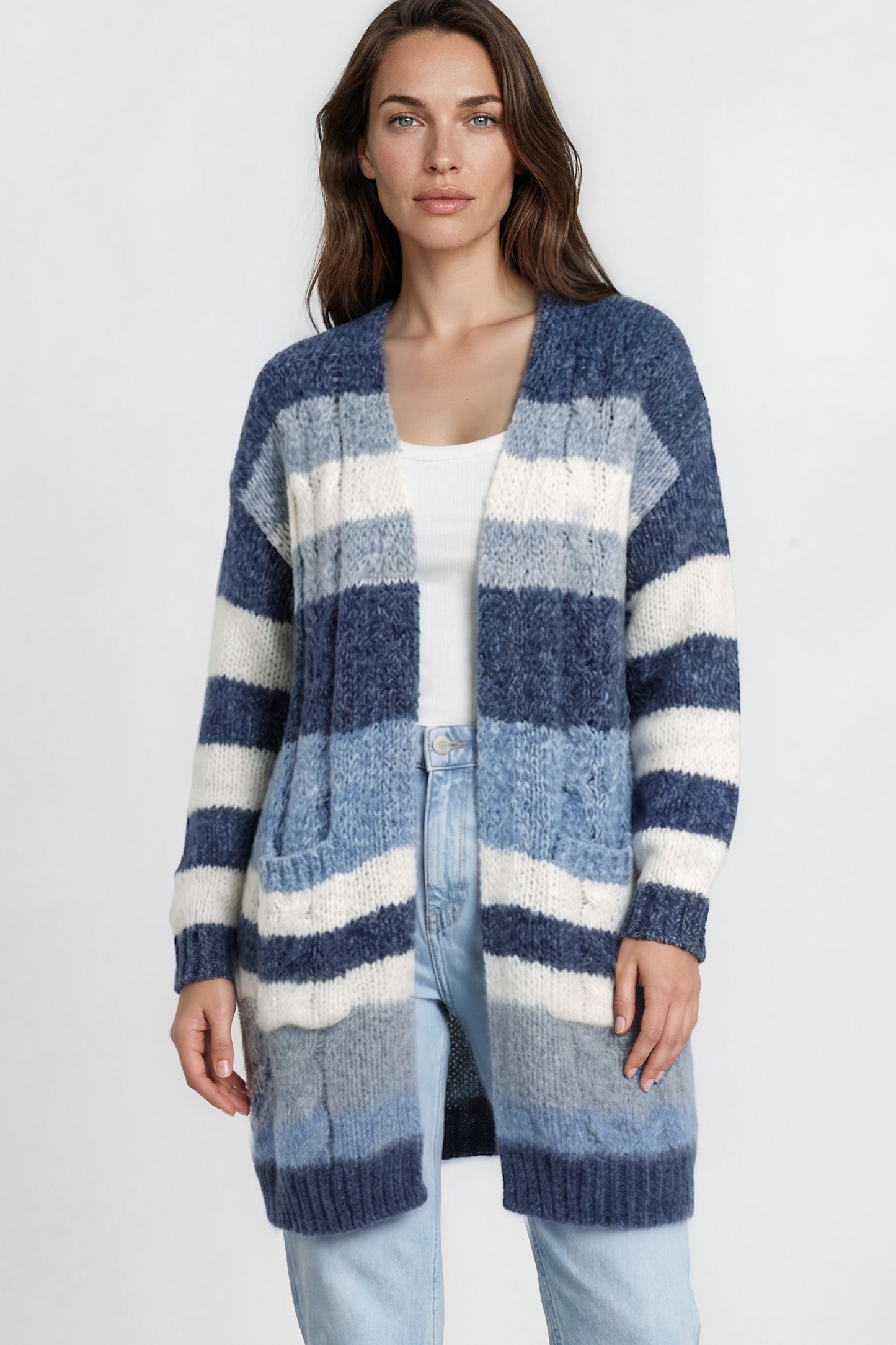 Ollie Cardigan - Open Front Stripe Knit with Pockets in Blue