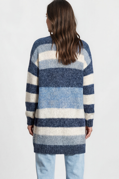 Ollie Cardigan - Open Front Stripe Knit with Pockets in Blue
