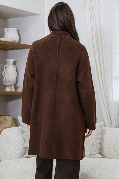 Oswin Cardigan - Open Front Ribbed Shawl Collar Knit with Pockets in Coffee