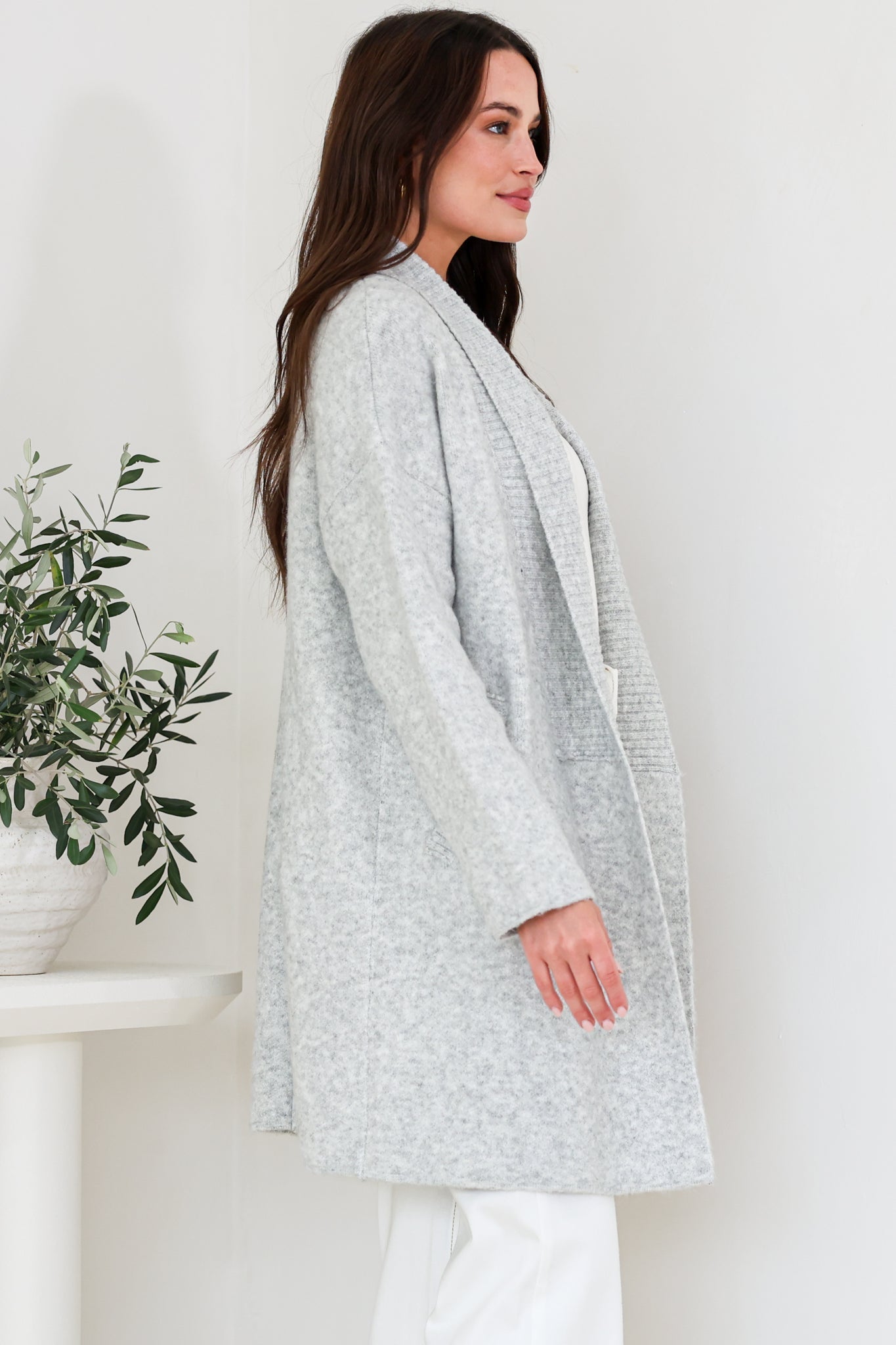 Oswin Cardigan - Open Front Ribbed Shawl Collar Knit with Pockets in Grey