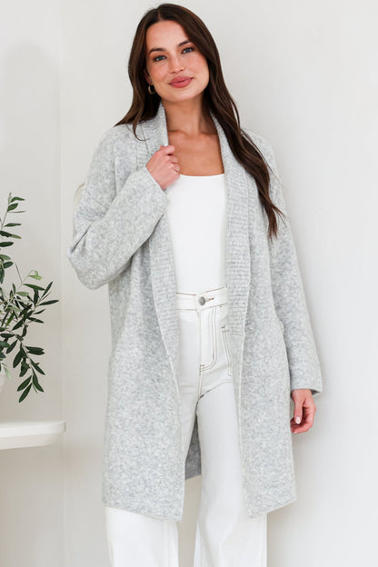 Oswin Cardigan - Open Front Ribbed Shawl Collar Knit with Pockets in Grey