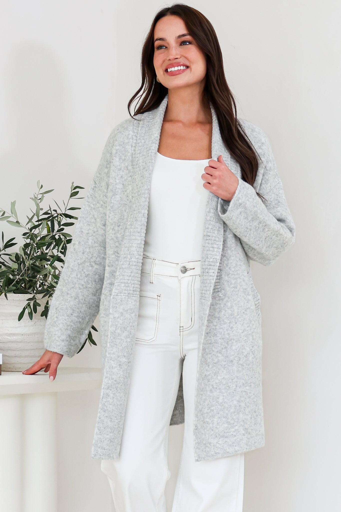 Oswin Cardigan - Open Front Ribbed Shawl Collar Knit with Pockets in Grey