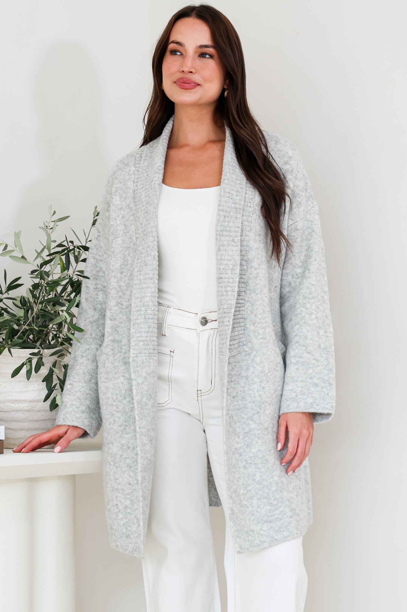 Oswin Cardigan - Open Front Ribbed Shawl Collar Knit with Pockets in Grey