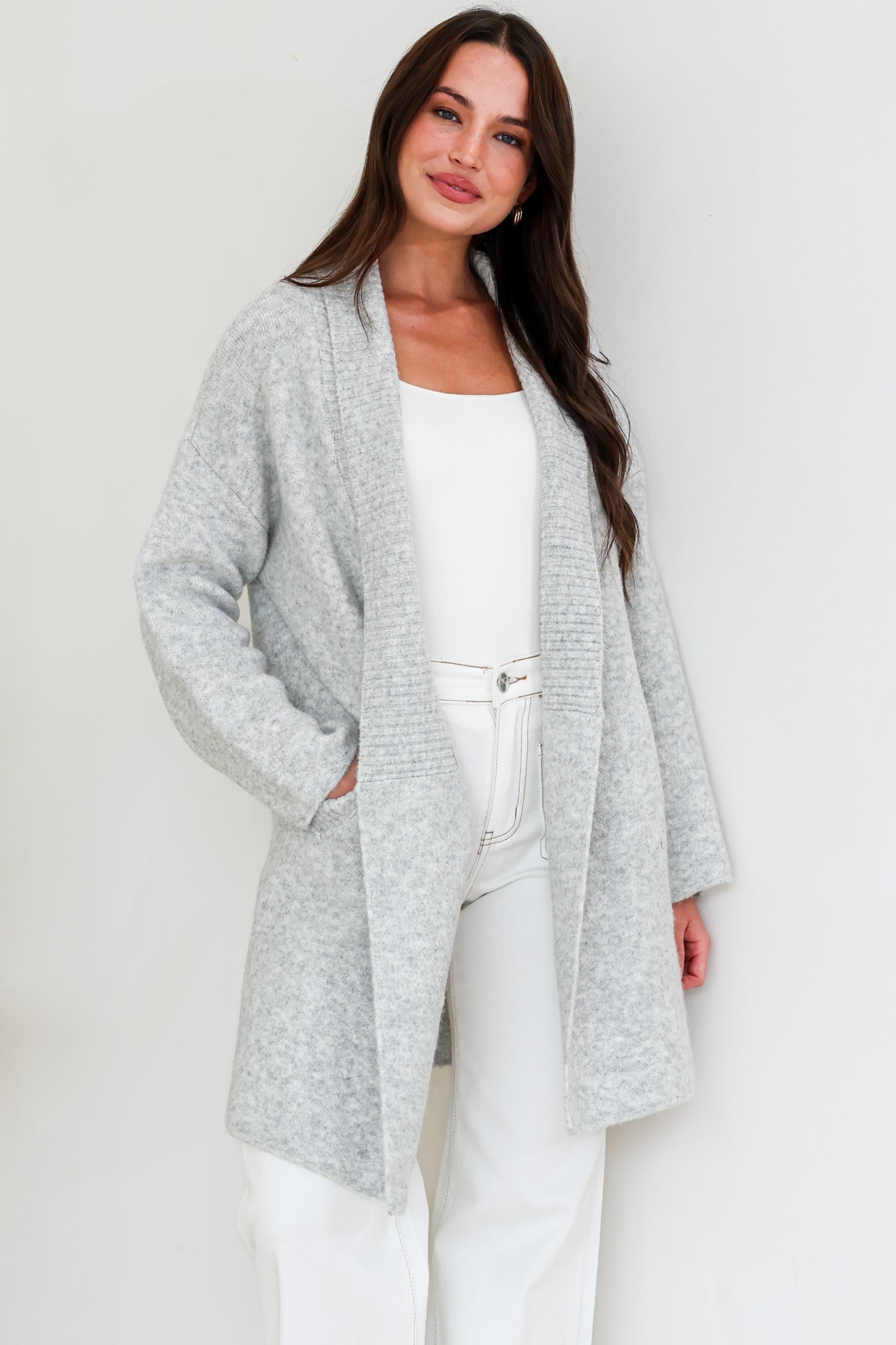 Oswin Cardigan - Open Front Ribbed Shawl Collar Knit with Pockets in Grey