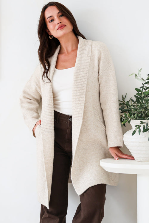 Oswin Cardigan - Open Front Ribbed Shawl Collar Knit with Pockets in Oatmeal