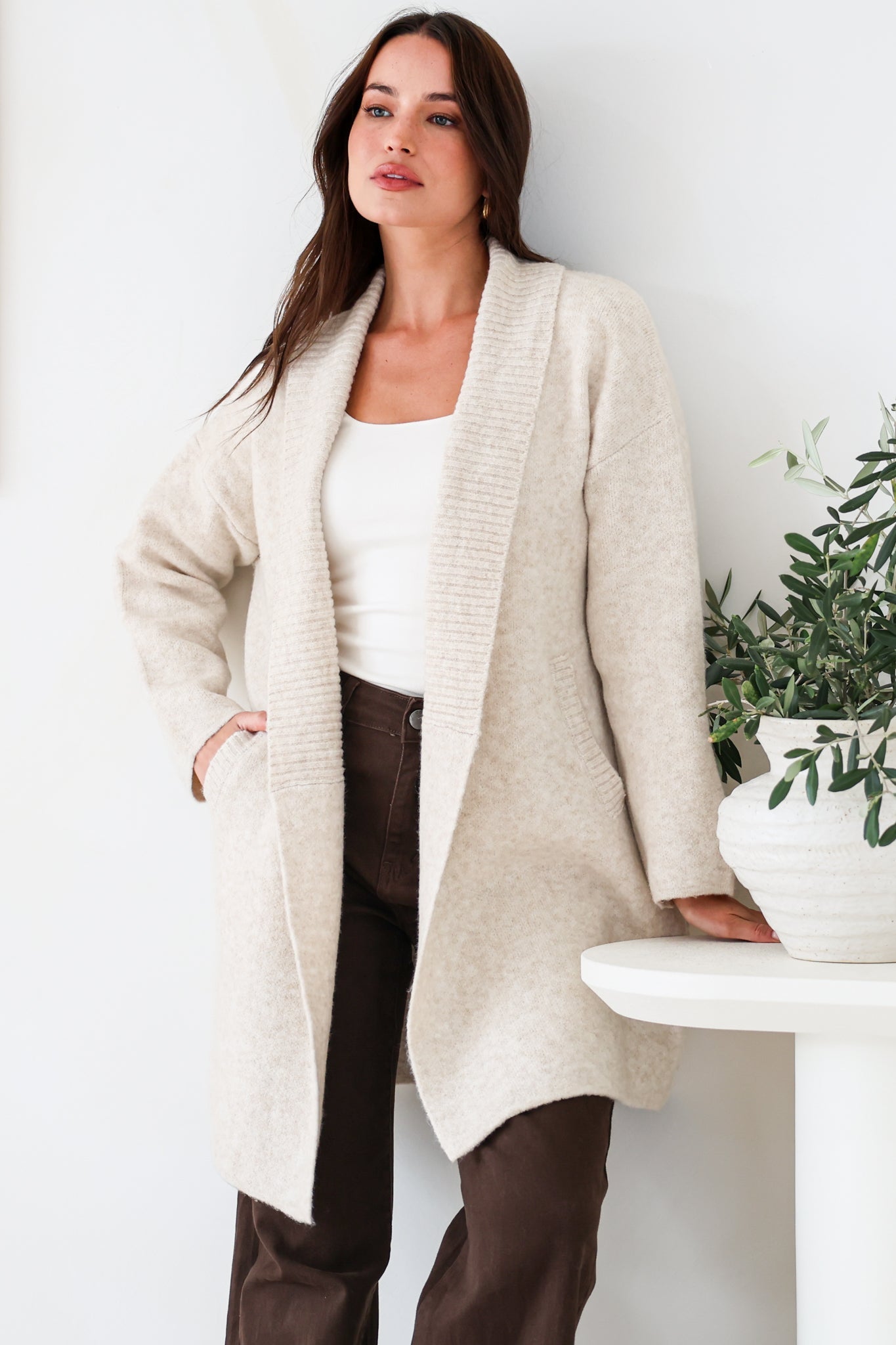 Oswin Cardigan - Open Front Ribbed Shawl Collar Knit with Pockets in Oatmeal