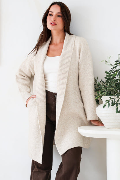 Oswin Cardigan - Open Front Ribbed Shawl Collar Knit with Pockets in Oatmeal