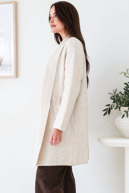 Oswin Cardigan - Open Front Ribbed Shawl Collar Knit with Pockets in Oatmeal