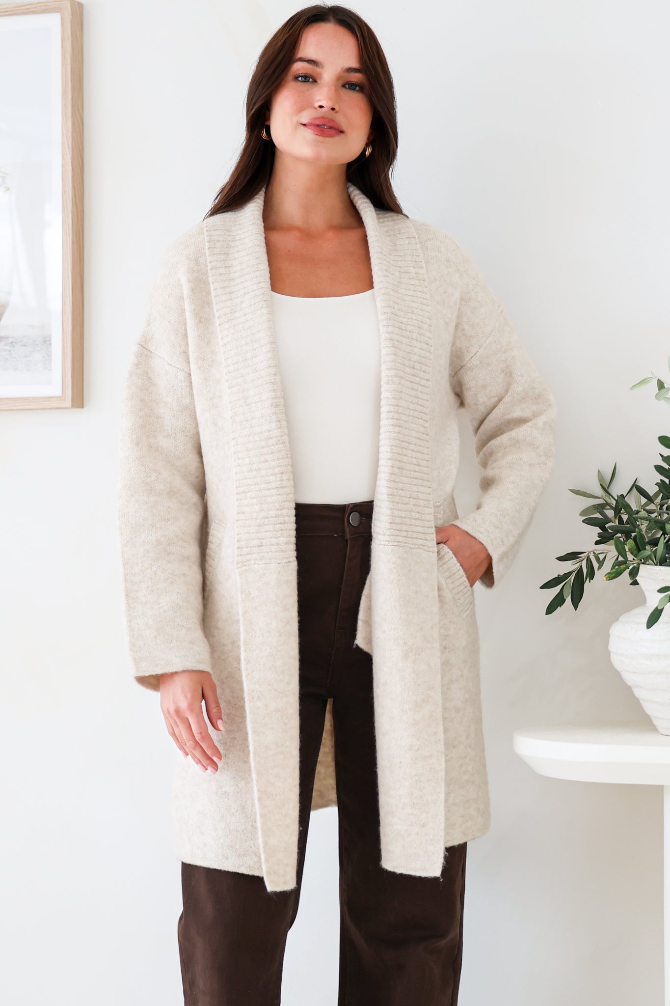 Oswin Cardigan - Open Front Ribbed Shawl Collar Knit with Pockets in Oatmeal