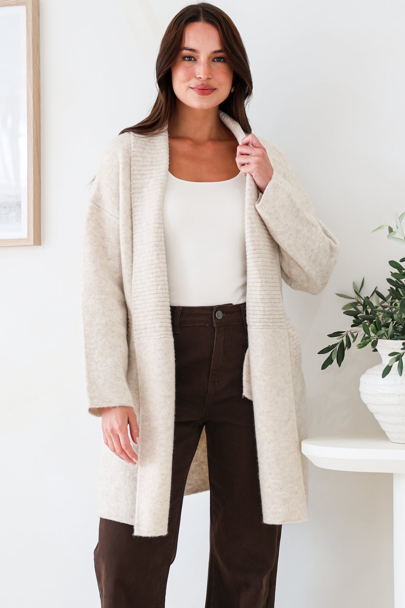 Oswin Cardigan - Open Front Ribbed Shawl Collar Knit with Pockets in Oatmeal