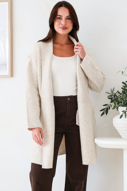 Oswin Cardigan - Open Front Ribbed Shawl Collar Knit with Pockets in Oatmeal