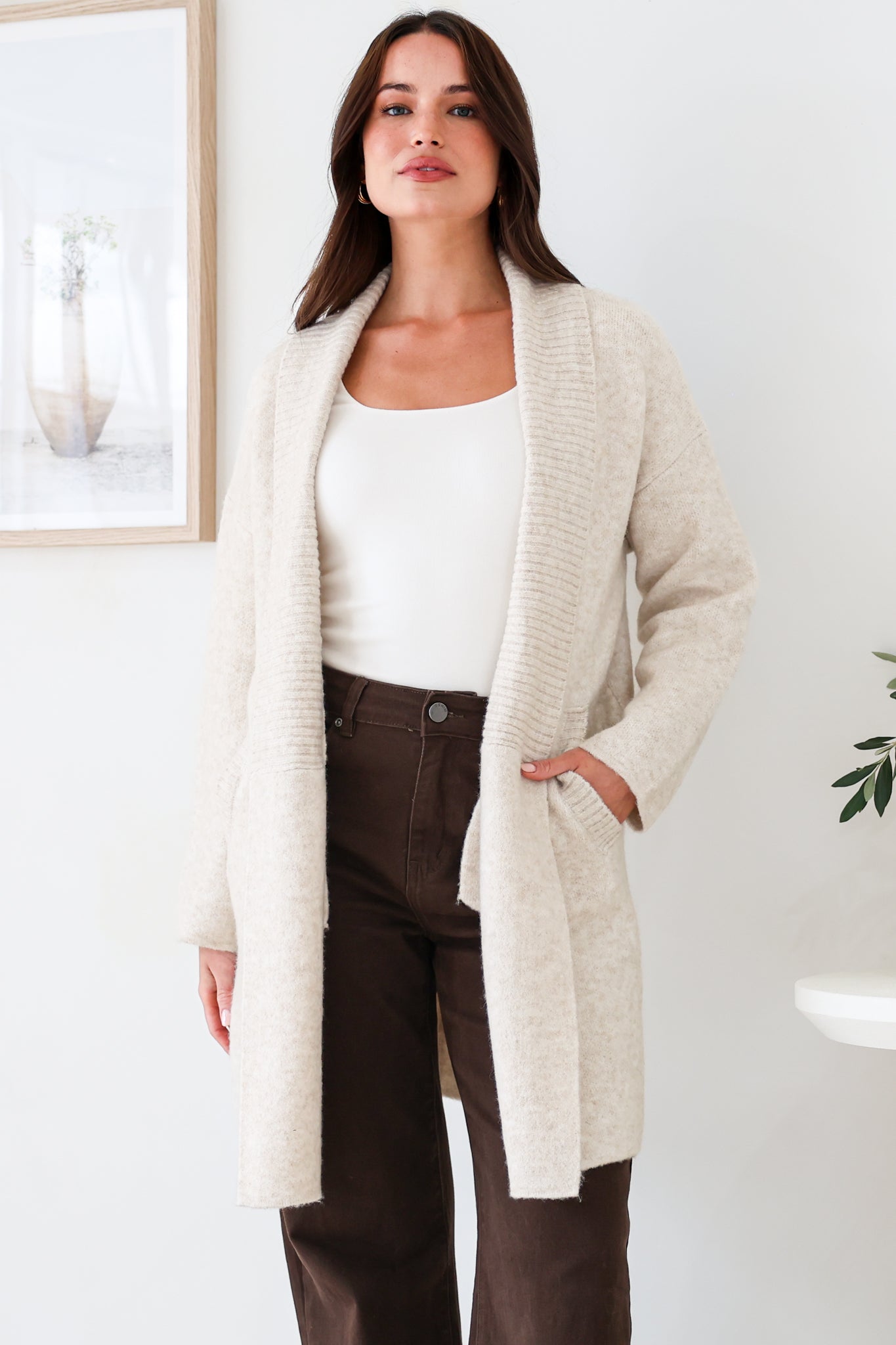 Oswin Cardigan - Open Front Ribbed Shawl Collar Knit with Pockets in Oatmeal