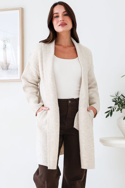 Oswin Cardigan - Open Front Ribbed Shawl Collar Knit with Pockets in Oatmeal