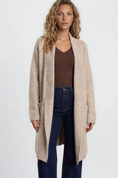Oswin Cardigan - Open Front Ribbed Shawl Collar Knit with Pockets in Beige
